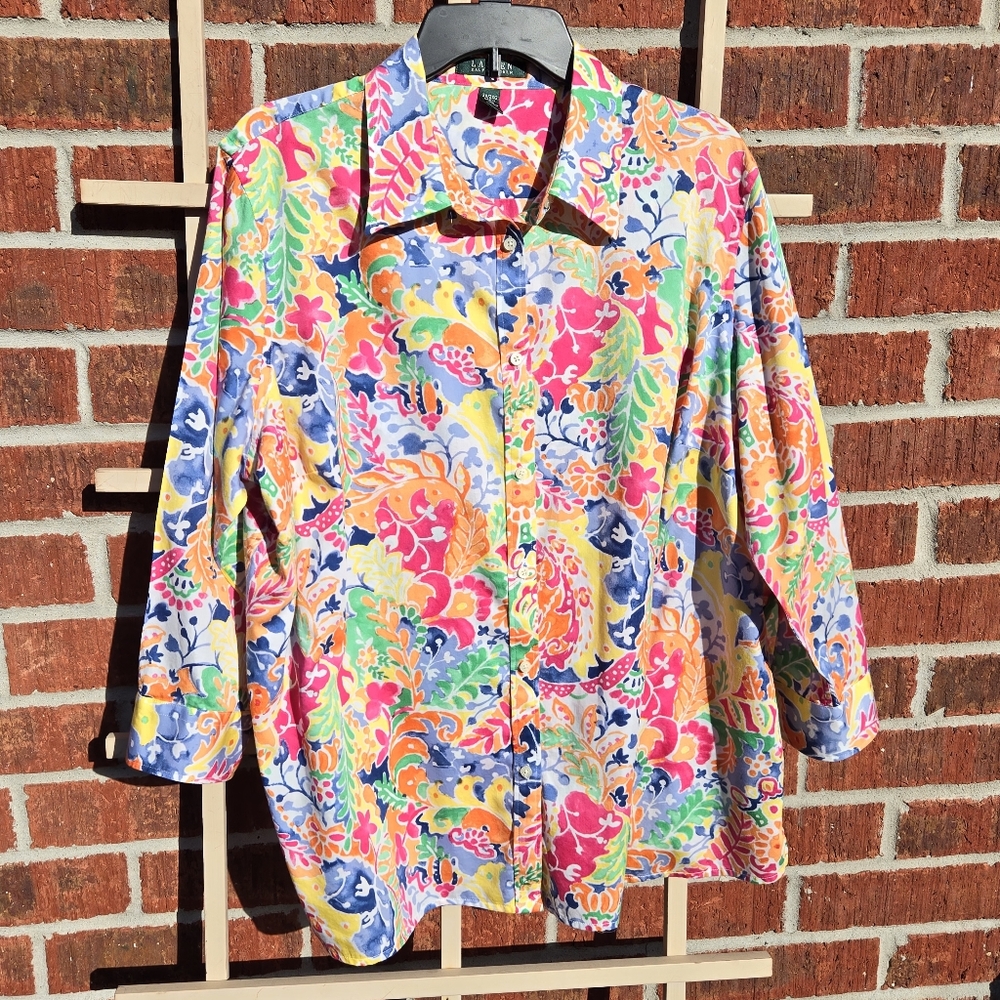 Ralph Lauren Floral Watercolor Button Down Blouse 3/4 Sleeves 2X Cotton